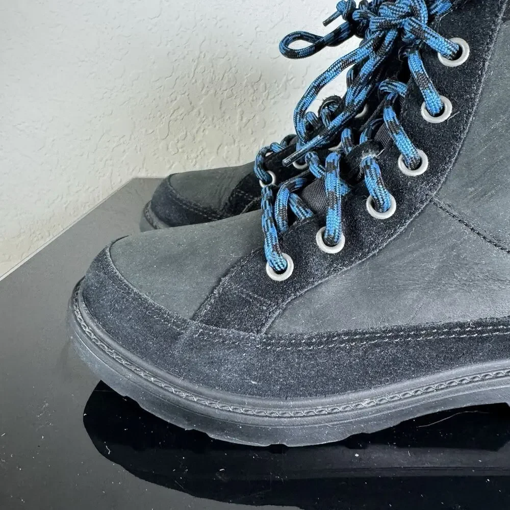 Ugg Robley Kids Waterproof Leather Boots Shoes 2 Black Blue Laces Zip Suede EUC